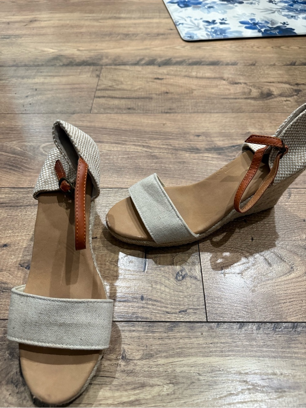 BAMBOO Beige Canvas Espadrille Wedge Sandals with Brown Ankle Strap